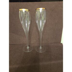 Hollow‎ Stem Tall Champagne Flutes Glasses Gold Trim 9.75"